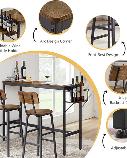 Bar Table and 2 Chairs Set, Industrial Style 3 Pieces Pub Dining Table Set with Collapsible Bottle Holder, 2 Bar Stools with Backrest for Kitchen, Apartment, Small Space - LeafyLoom
