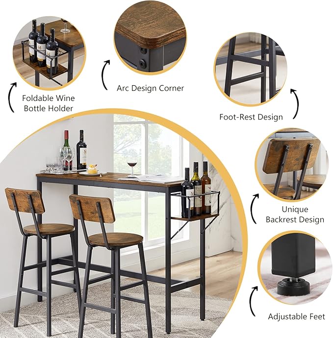 Bar Table and 2 Chairs Set, Industrial Style 3 Pieces Pub Dining Table Set with Collapsible Bottle Holder, 2 Bar Stools with Backrest for Kitchen, Apartment, Small Space - LeafyLoom