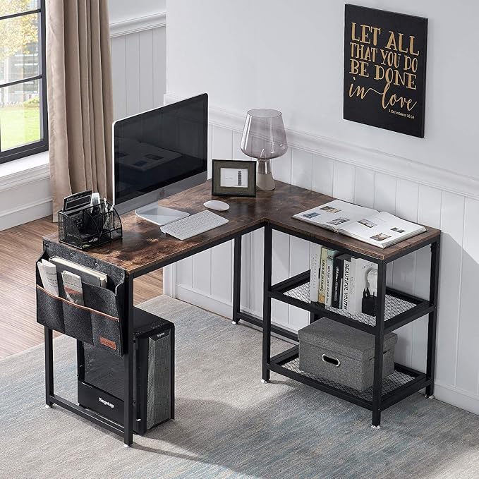 VECELO L Shaped Computer Gaming Corner Desk 47 Inch Study Writing Table, Home Office Workstation with Storage Shelves & Bag, Brown - LeafyLoom