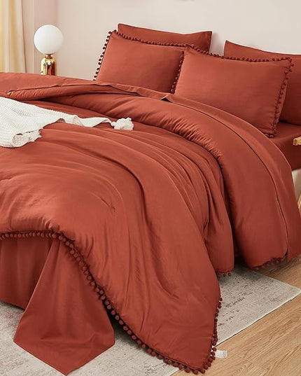 Litanika King Size Comforter Set Terracotta,3 Pieces Terracotta Boho Pom Pom Lightweight Bed Comforter, All Season Soft Solid Color Bedding Comforter Sets (1 Comforter 104x90 Inch, 2 Pillowcases) - LeafyLoom