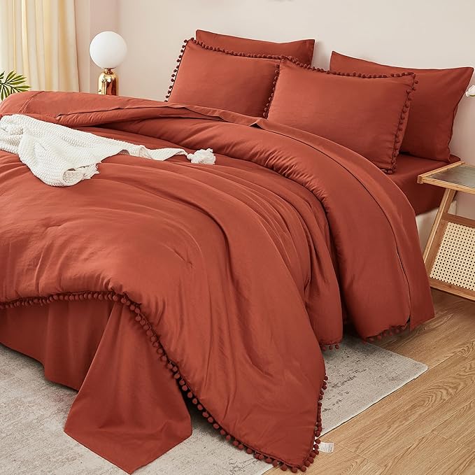 Litanika Queen Size Comforter Set Terracotta,3 Pieces Terracotta Boho Pom Pom Lightweight Bed Comforter, All Season Soft Solid Color Bedding Comforter Sets (1 Comforter 90x90 Inch, 2 Pillowcases) - LeafyLoom