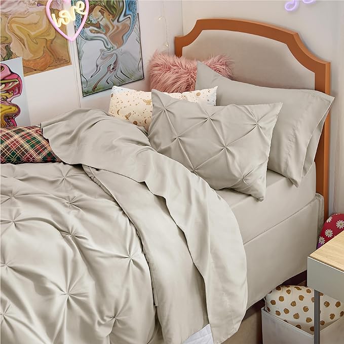Bedsure Twin XL Comforter Set - Extra Long 5 Pieces Dorm Bedding Sets, Pinch Pleat Beige Bed in a Bag with Comforter, Pillowcase & Sham - LeafyLoom