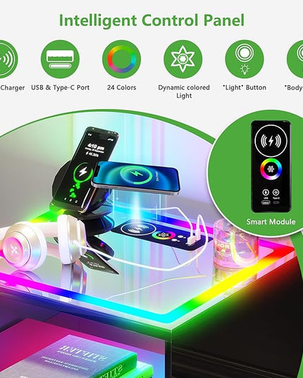 HNEBC High Gloss Nightstand with Wireless Charging Station, Smart Night Stand with RGB Dynamic Lighting, Modern Bed Side Table with Drawers Sliding Tray, Glass Tabletop,Motion Sensor Lights (C Black) - LeafyLoom
