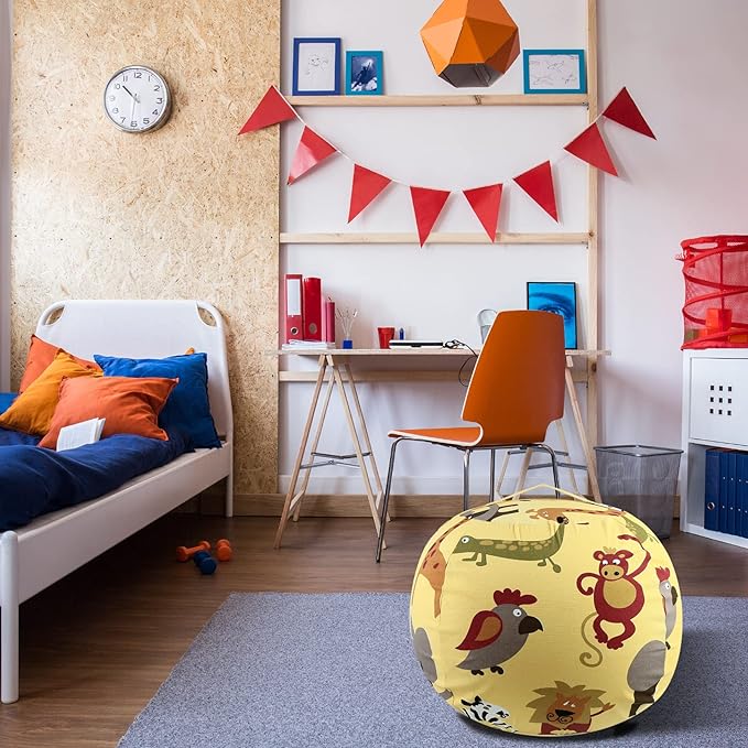 Stuffed Animal Storage Bean Bag Chairs Toy Storage Organizer Bean Bags Chair Cover for Kids 24" Cotton Canvas Beanbag with Zipper for Organizing Kid's and Adults Room, Animal pattern - LeafyLoom