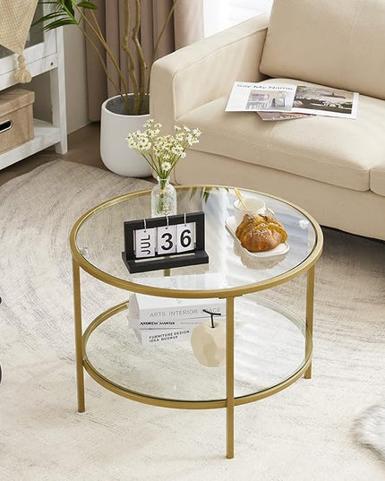 VINGLI Glass Coffee Table, 25.6" Round Champagne Gold Coffee Tables for Living Room, 2-Tier Glass Top Coffee Table with Storage Clear Coffee Table, Simple & Modern Center Table for Small Space - LeafyLoom