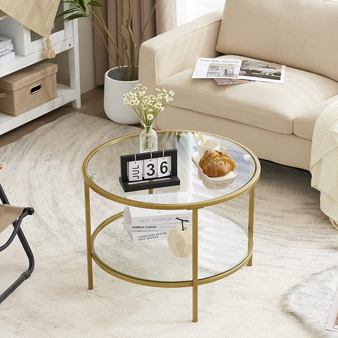VINGLI Glass Coffee Table, 25.6" Round Champagne Gold Coffee Tables for Living Room, 2-Tier Glass Top Coffee Table with Storage Clear Coffee Table, Simple & Modern Center Table for Small Space - LeafyLoom