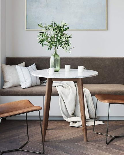 Nathan James Amalia Round Marble Bistro Dining Table with Legs in Wood Finish and Faux White Carrara Marble Table Top, Antique Coffee - LeafyLoom