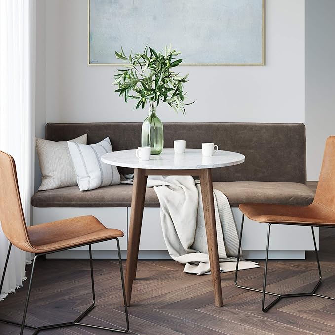 Nathan James Amalia Round Marble Bistro Dining Table with Legs in Wood Finish and Faux White Carrara Marble Table Top, Antique Coffee - LeafyLoom