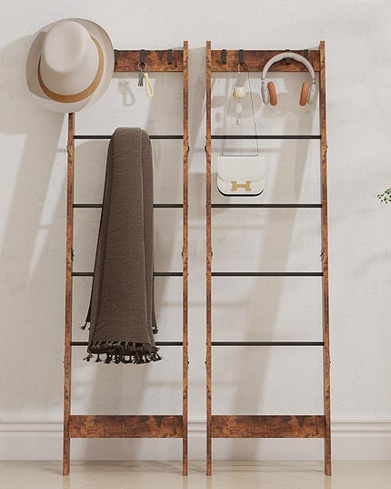 6 Tier Blanket Ladder Shelf for Living Room and Bedroom, Ladder Holder with 4 Metal Hooks, 5.2ft Blanket Quilt Holder Rack, Farmhouse Ladder Rack for Storage and Home Decor, Rustic Brown - LeafyLoom