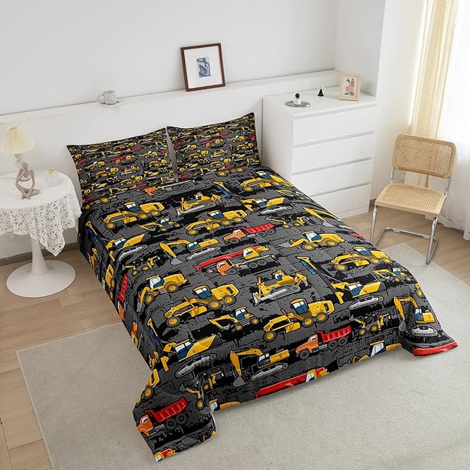 Tractor Comforter set Queen,Construction Bedding Comforter Bedroom Decor For Boys Kids Teens,Cartoon Excavator Truck Down Comforter Vehicle Cars Bed Set For All Season Yellow Dark Grey 2 Pillowcases - LeafyLoom