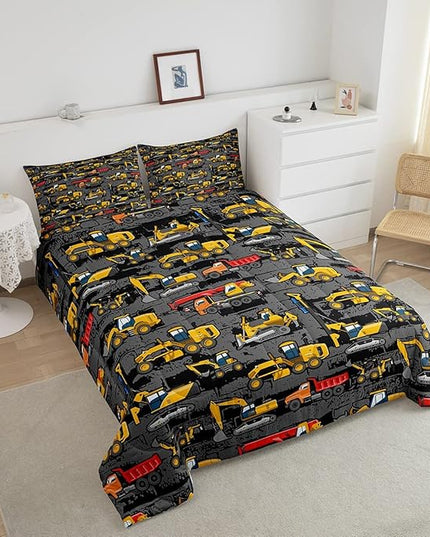 Boys Full Size Construction Comforter Set,Kids Tractor Comforter Yellow Trucks Car Bed Room Decor,Equipment Excavator Bedding Set Cartoon Vehicle Quilt Duvet Set Soft Lightweight Dark Grey 3 Pcs - LeafyLoom