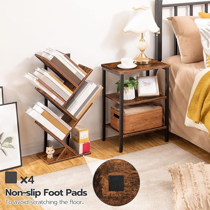 HOOBRO Tree Bookshelf, 5-Tier Bookcase Wooden Shelves, Floor Standing Storage Rack, for Display of CDs, Books in Living Room, Home Office, Wood Storage Rack for Bedroom, Rustic Brown BF04SJ01G1 - LeafyLoom
