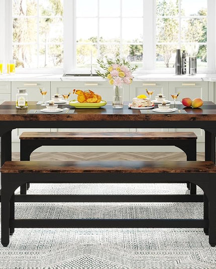 Tribesigns 55 Inch Dining Table Set for 4-6, 3-Piece Kitchen Table with 2 Benches, Space-Saving Dining Room Table Set for Home Kitchen, Restaurant, Rustic Brown - LeafyLoom