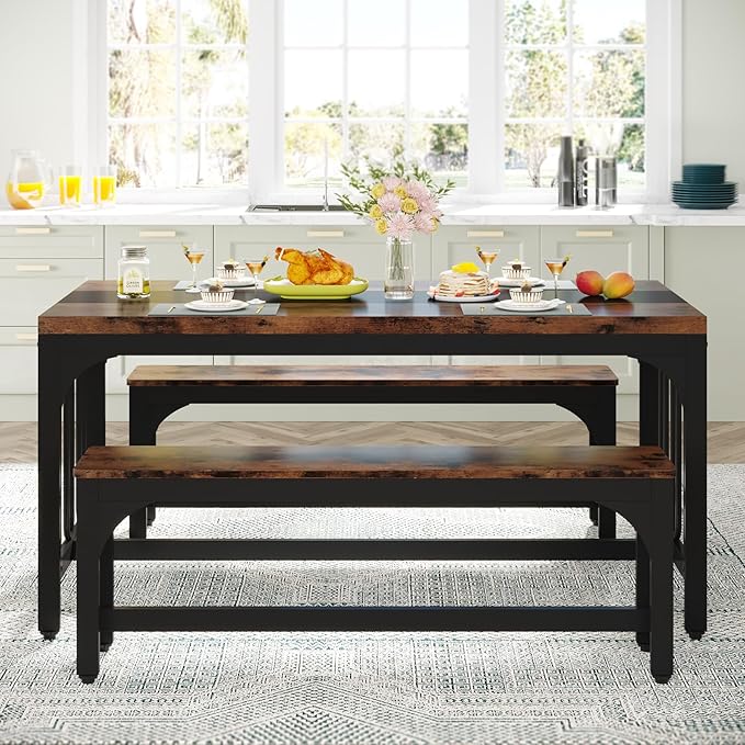 Tribesigns 55 Inch Dining Table Set for 4-6, 3-Piece Kitchen Table with 2 Benches, Space-Saving Dining Room Table Set for Home Kitchen, Restaurant, Rustic Brown - LeafyLoom