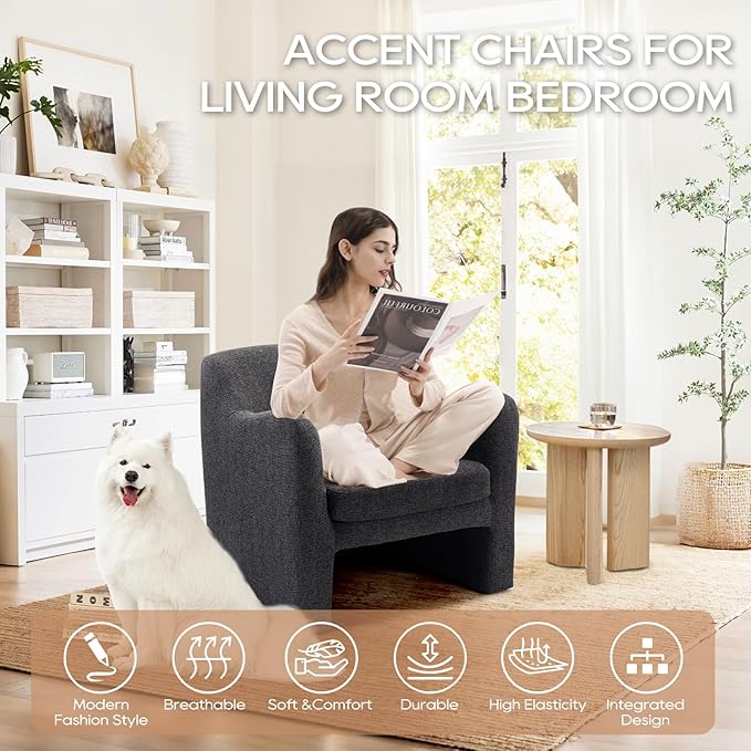 COLAMY Modern Accent Chair for Living Room,Living Room Chair,Soft Padded Armchair with Back,Comfy Lamb Wool Fabric Accent Chair, Charcoal Grey - LeafyLoom