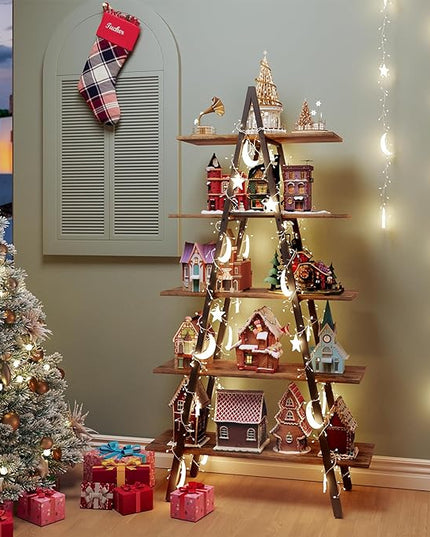 5-Tier Ladder Bookshelf, Industrial A-Shaped Bookcase, Christmas Village Display Stand, Tall Ladder Shelf Storage Organizer for Living Room, Home Office, Black - LeafyLoom