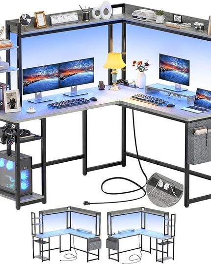 Aheaplus L Shaped Desk with Power Outlet, L Shaped Gaming Desk with Led Light & Hutch, Reversible Home Office Desk, Corner Computer Desk Writing Desk with Monitor Stand & Storage Shelves, White Oak - LeafyLoom