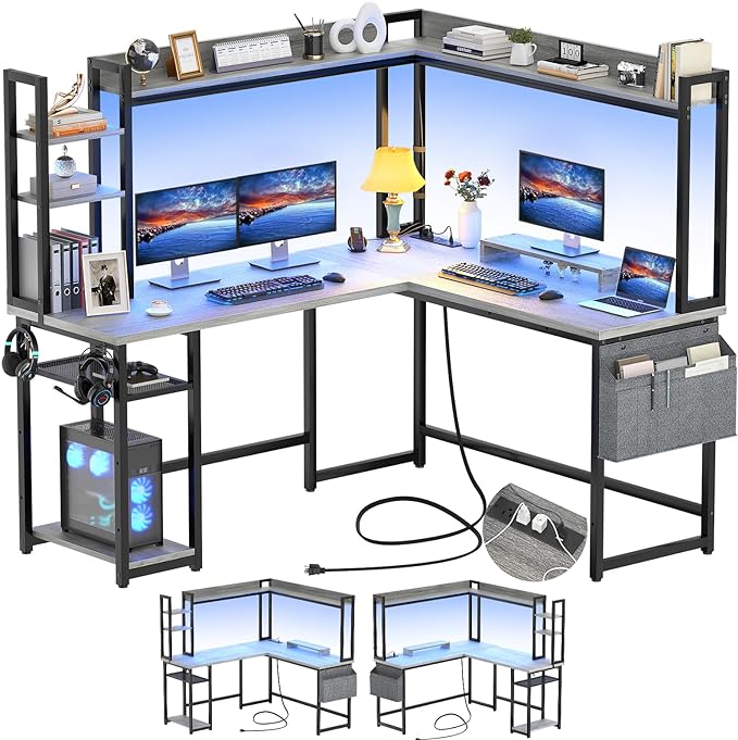 Aheaplus L Shaped Desk with Power Outlet, L Shaped Gaming Desk with Led Light & Hutch, Reversible Home Office Desk, Corner Computer Desk Writing Desk with Monitor Stand & Storage Shelves, White Oak - LeafyLoom