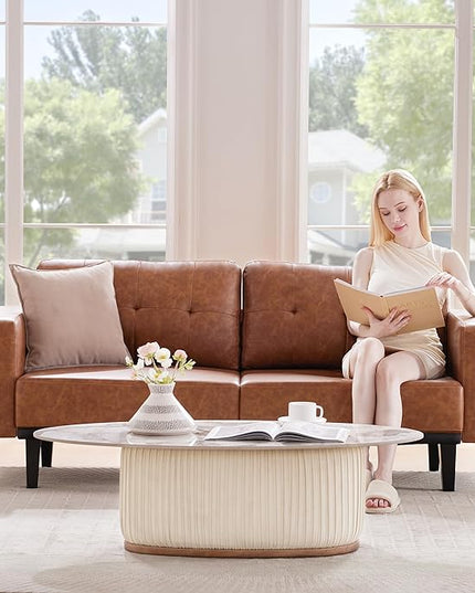 79'' Leather Sofa, 3-Seat Oversized Loveseat Sofa, Mid Century Modern Couch Sofa for Living Room, Deep Brown Faux Leather Couch Bedroom Apartment with Solid Wood Legs Upholstered Cushion, Brown - LeafyLoom