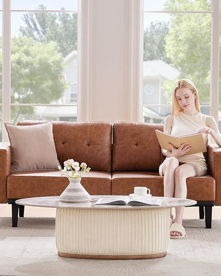 79” Leather Sofa Couches for Living Room, Oversized Loveseat Sofa, 3 Seat Mid Century Modern Couch, Brown Faux Leather Couch Sofa, Love Seat with Solid Wood Leg, Bedroom Couch, Cognac Tan - LeafyLoom