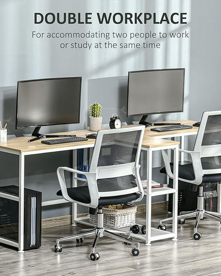 HOMCOM 83" Two Person Computer Desk with 2 Storage Shelves, Double Desk Workstation with Book Shelf, Long Desk Table for Home Office, Natural - LeafyLoom