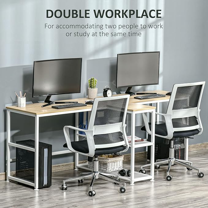 HOMCOM 83" Two Person Computer Desk with 2 Storage Shelves, Double Desk Workstation with Book Shelf, Long Desk Table for Home Office, Natural - LeafyLoom