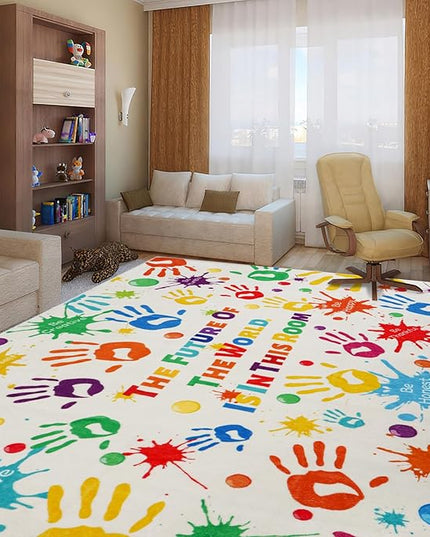 Colorful Kids Rug, Washable Rug for Kids, Handprints Area Rugs for Kids Bedroom, Non-Slip Play Mat Ultra Soft Thick Indoor Plush Rugs for Playroom Classroom Nursery Decor (9'2" X 6'7") - LeafyLoom