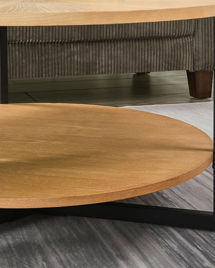 MODERION 33.5" Round Coffee Table with 2-Tier Storage, Farmhouse Living Room Cocktail Table with Black Metal Leg, Solid Wood Industrial Sofa Center Table,Easy Assembly, Natural Wood KFZ1338OA - LeafyLoom