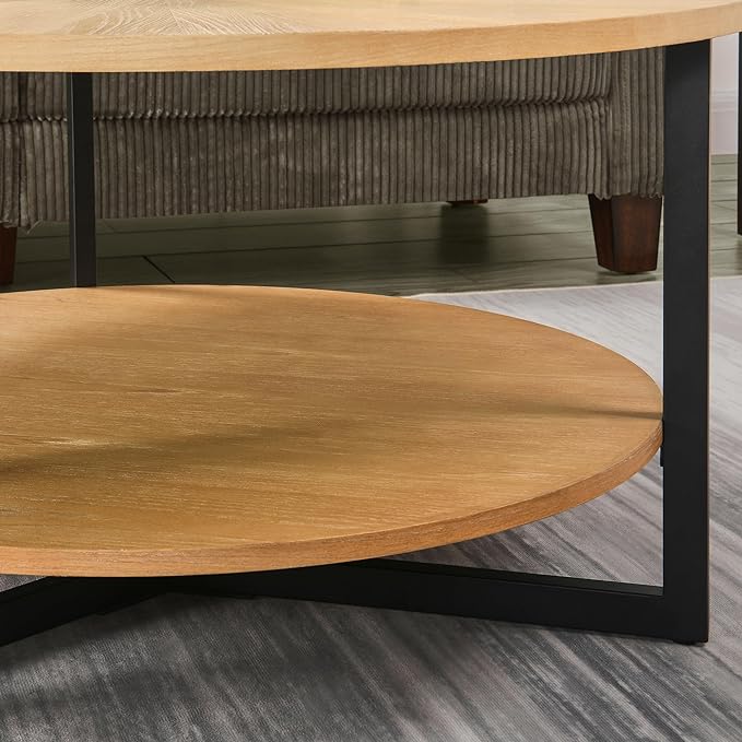 MODERION 33.5" Round Coffee Table with 2-Tier Storage, Farmhouse Living Room Cocktail Table with Black Metal Leg, Solid Wood Industrial Sofa Center Table,Easy Assembly, Natural Wood KFZ1338OA - LeafyLoom