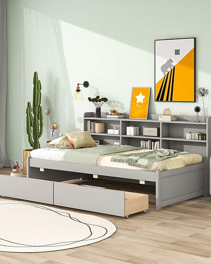 Twin Size Platform 2 Storage Drawers and Side Bookcase, Solid Wood Day Captain, Ideal Bed Frame for Bedroom, Living Room, Gray - LeafyLoom