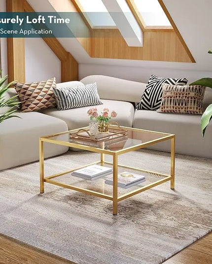 SAYGOER Glass Coffee Table with Storage 2-Tier Square Glass Center Table for Living Room Home Office with Gold Metal Frame Modern Table for Small Spaces - LeafyLoom