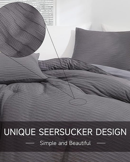 Dark Gray Seersucker Comforter Set Full Size (79x90 in), 3 Pieces Soft Crinkled Textured Comforter with 2 Pillowcases, Lightweight Microfiber Down Alternative Bedding Set for All Season - LeafyLoom