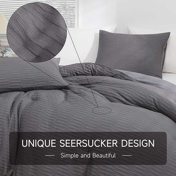 Dark Gray Seersucker Comforter Set Twin Size (66x90 in), 2 Pieces Soft Crinkled Textured Comforter with 1 Pillowcase, Lightweight Microfiber Down Alternative Bedding Set for All Season - LeafyLoom