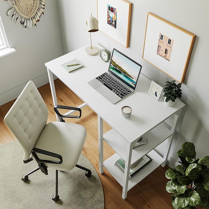 CubiCubi Small Computer Desk, 35 Inch Home Office Desk with Storage Shelves, Study Writing Desk, White - LeafyLoom