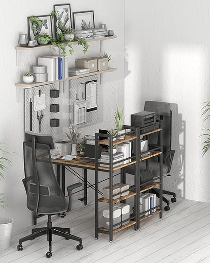 4NM 35" Small Computer Desk with 4-Tier Bookshelf, Home Office Desk Writing Workstation Study Table Multipurpose for Small Space Work - Rustic Brown and Black - LeafyLoom