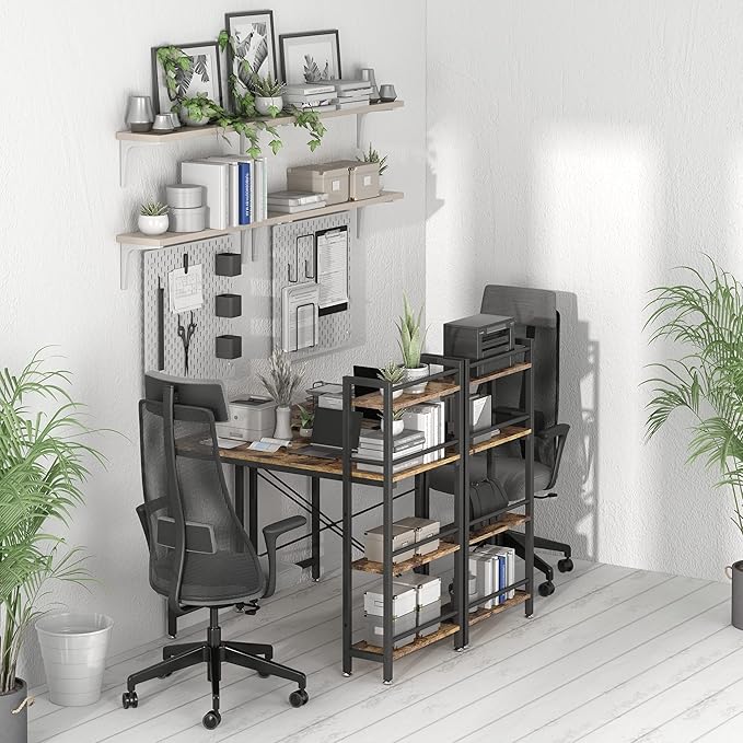 4NM 35" Small Computer Desk with 4-Tier Bookshelf, Home Office Desk Writing Workstation Study Table Multipurpose for Small Space Work - Rustic Brown and Black - LeafyLoom