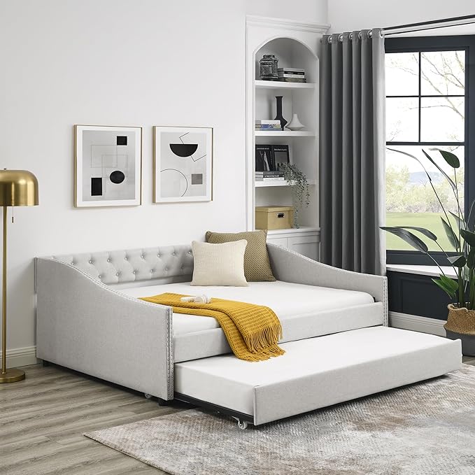 Full Size Upholstered Daybed with Twin Trundle, Wooden Sofa Bed w/Button Tufted Backrest and Waved Shape Arms, No Box Spring Needed, for Living Room, Bedroom, Dorm, Beige - LeafyLoom