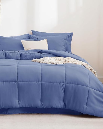 Bedsure Infinity Blue Full Size Comforter Set - 7 Pieces Solid Full Bed in a Bag, Full Bed Set Infinity Blue with Comforters, Sheets, Pillowcases & Shams - LeafyLoom