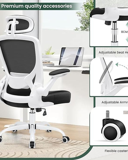 KERDOM Ergonomic Office Chair, Breathable Mesh Desk Chair, Lumbar Support Computer Chair with Headrest and Flip-up Arms, Swivel Task Chair, Adjustable Height Gaming Chair, White - LeafyLoom