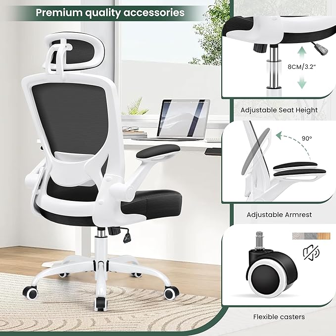 KERDOM Ergonomic Office Chair, Breathable Mesh Desk Chair, Lumbar Support Computer Chair with Headrest and Flip-up Arms, Swivel Task Chair, Adjustable Height Gaming Chair, White - LeafyLoom