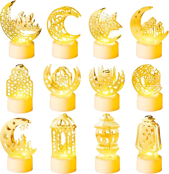 Ramadan Mini Lantern Lights Decorations 12Pcs Eid Mubarak Plastic LED Night Light with Lamp Battery Moon Castle Decorative Hanging Lantern for Mubarak Home Party Tabletop Decorations - LeafyLoom