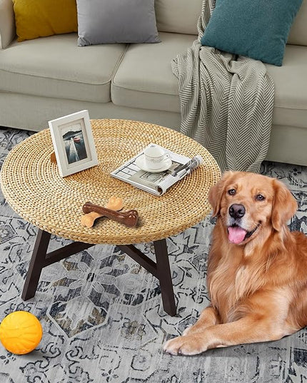 Coffee Table Round, Seagrass Coffee Tables,Pine Wood X Base Frame Cocktail Table, Easy Assembled, Multiple Sizes for Living Room, Solid Wood Table,32 x 17 Inches,Natural - LeafyLoom