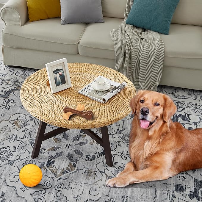 Coffee Table Round, Seagrass Coffee Tables,Pine Wood X Base Frame Cocktail Table, Easy Assembled, Multiple Sizes for Living Room, Solid Wood Table,32 x 17 Inches,Natural - LeafyLoom