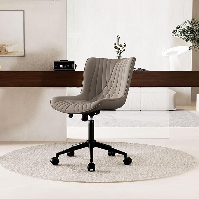 YOUNIKE Office Chair, Desk Chair with Wheels, Home Office Computer Task Chairs, Modern Faux Leather Padded Vanity Chair, Adjustable Swivel Armless Office Chairs with Back, Khaki - LeafyLoom