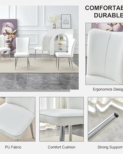 Modern Dining Chairs Set of 4, PU Leather Seat Cushions White Dining Room Chair, with Silver Metal Legs Kitchen Chair for Home Living Room, Restaurant - LeafyLoom