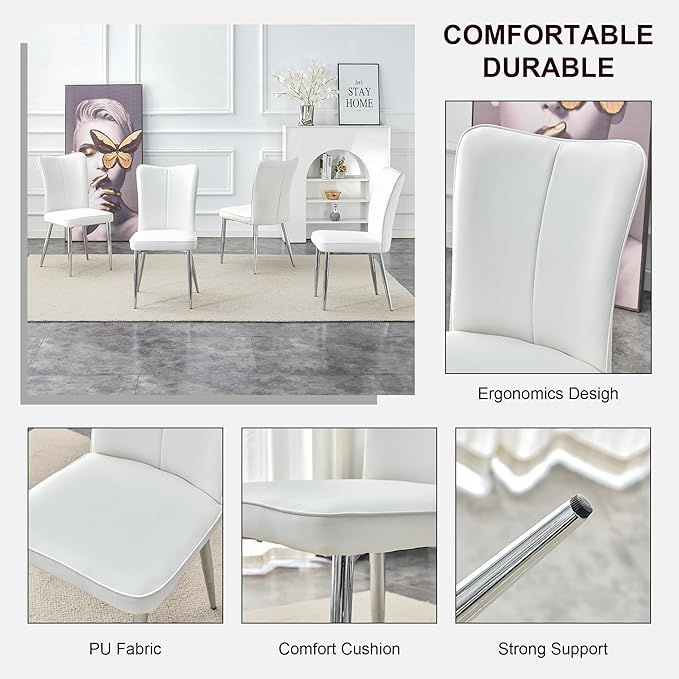 Modern Dining Chairs Set of 4, PU Leather Seat Cushions White Dining Room Chair, with Silver Metal Legs Kitchen Chair for Home Living Room, Restaurant - LeafyLoom
