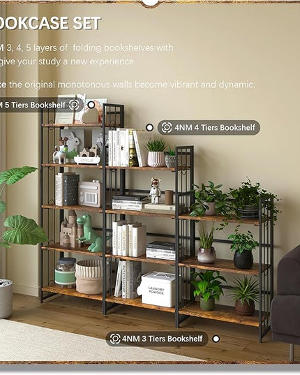 4NM No-Assembly 4 Tiers Folding Bookshelf Storage Shelves Vintage Bookcase Standing Racks Study Organizer Home Office - Rustic Brown and Black - LeafyLoom