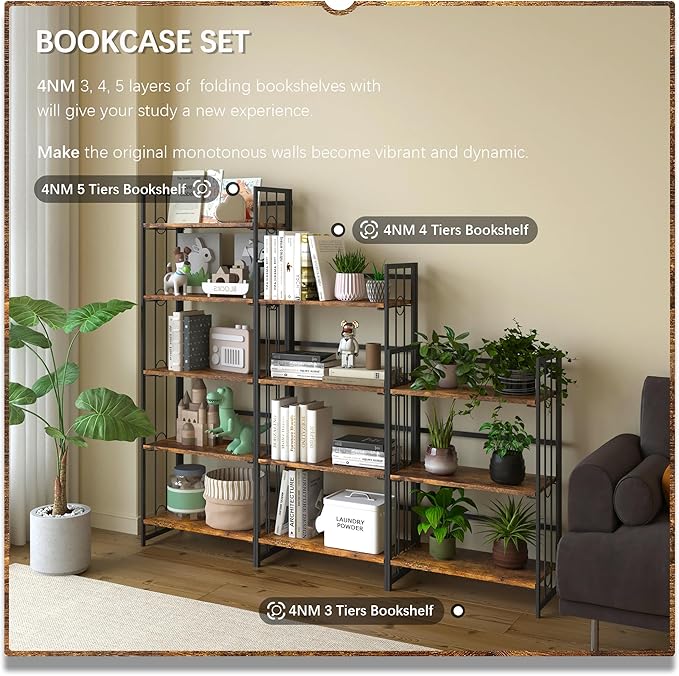 4NM No-Assembly 4 Tiers Folding Bookshelf Storage Shelves Vintage Bookcase Standing Racks Study Organizer Home Office - Rustic Brown and Black - LeafyLoom