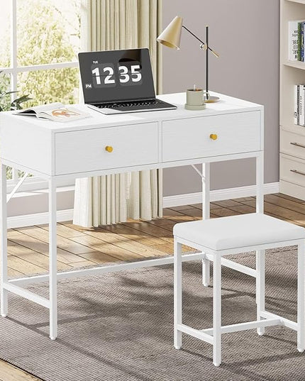 SUPERJARE 35.4" White Desk with 2 Drawers, Modern Makeup Vanity Desk with Padded Stool, Small Computer Desk Home Office Desk for Writing Study Bedroom - LeafyLoom