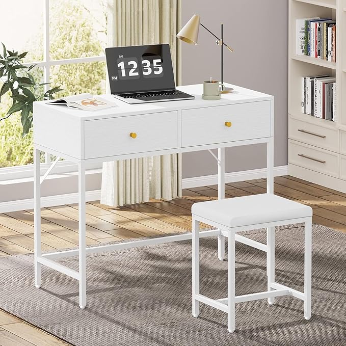 SUPERJARE 35.4" White Desk with 2 Drawers, Modern Makeup Vanity Desk with Padded Stool, Small Computer Desk Home Office Desk for Writing Study Bedroom - LeafyLoom